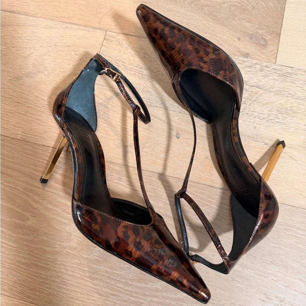 SCHUTZ T-Strap Pointed Toe Heels in Tortoiseshell Brown - Picture 4 of 10